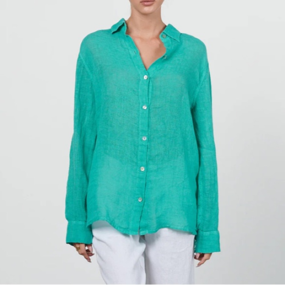 Haris Cotton Baby Blue Linen Gauze Beachy Coastal Boyfriend Style Shirt - Picture 10 of 10